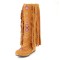 Round Toe Chunky Heels Fringe Decorated Ethnic Pattern Knee Highs Flats Boots - Yellow Flock