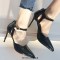 Pointed Toe Stiletto Heels Ankle Cute Buckle Straps Dorsay Pumps - Black Faux Leather