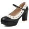 Round Toe Chunky Heels Low Platforms Mary Janes Lolita French Maid Pumps - Black Faux Leather