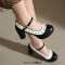 Round Toe Chunky Heels Low Platforms Mary Janes Lolita French Maid Pumps - Black Faux Leather