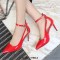 Pointed Toe Stiletto Heels Ankle Cute Buckle Straps Pumps - Red Faux Leather