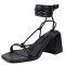 Peep Toe Chunky Heels Ankle Gladiator Straps Summer Sandals - Black Faux Leather
