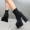 Round Toe Platforms Chunky Heels Side Zipper Ankle Highs Boots - Black Flock
