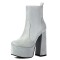 Round Toe Platforms Chunky Heels Side Zipper Ankle Highs Boots - Silver Flock
