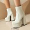 Round Toe Platforms Chunky Heels Side Zipper Ankle Highs Boots - White Flock