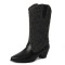 Pointed Toe Knee High Chunky Heels Plush Western Snow Boots - Black Faux Leather