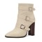 Pointed Toe Three Rows of Metal Belt Buckles Ankle Highs Chunky Heels Zipper Boots - Beige Faux Leather