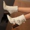 Pointed Toe Three Rows of Metal Belt Buckles Ankle Highs Chunky Heels Zipper Boots - Beige Faux Leather