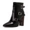 Pointed Toe Three Rows of Metal Belt Buckles Ankle Highs Chunky Heels Zipper Boots - Black Faux Leather