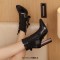 Pointed Toe Three Rows of Metal Belt Buckles Ankle Highs Chunky Heels Zipper Boots - Black Faux Leather