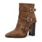 Pointed Toe Three Rows of Metal Belt Buckles Ankle Highs Chunky Heels Zipper Boots - Brown Flock