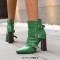 Pointed Toe Three Rows of Metal Belt Buckles Ankle Highs Chunky Heels Zipper Crocodile Pattern Boots - Green Faux Leather