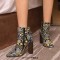 Pointed Toe Three Rows of Metal Belt Buckles Ankle Highs Chunky Heels Zipper Snake Pattern Boots - Multicolor Faux Leather