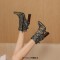 Pointed Toe Three Rows of Metal Belt Buckles Ankle Highs Chunky Heels Zipper Snake Pattern Boots - Multicolor Faux Leather