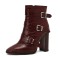 Pointed Toe Three Rows of Metal Belt Buckles Ankle Highs Chunky Heels Zipper Crocodile Pattern Boots - Wine Faux Leather