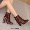 Pointed Toe Three Rows of Metal Belt Buckles Ankle Highs Chunky Heels Zipper Crocodile Pattern Boots - Wine Faux Leather