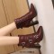 Pointed Toe Three Rows of Metal Belt Buckles Ankle Highs Chunky Heels Zipper Crocodile Pattern Boots - Wine Faux Leather