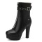 Round Toe Platforms Cuban Block Heels Front Zipper Decorated Straps Ankle Highs Boots - Black Faux Leather