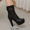 Round Toe Platforms Cuban Block Heels Front Zipper Decorated Straps Ankle Highs Boots - Black Faux Leather