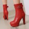 Round Toe Platforms Cuban Block Heels Front Zipper Decorated Straps Ankle Highs Boots - Red Faux Leather