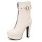 Round Toe Platforms Cuban Block Heels Front Zipper Decorated Straps Ankle Highs Boots - White Faux Leather