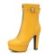 Round Toe Platforms Cuban Block Heels Front Zipper Decorated Straps Ankle Highs Boots - Yellow Faux Leather