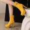 Round Toe Platforms Cuban Block Heels Front Zipper Decorated Straps Ankle Highs Boots - Yellow Faux Leather