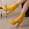 Round Toe Platforms Cuban Block Heels Front Zipper Decorated Straps Ankle Highs Boots - Yellow Faux Leather