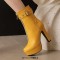 Round Toe Platforms Cuban Block Heels Front Zipper Decorated Straps Ankle Highs Boots - Yellow Faux Leather