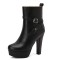 Round Toe Platforms Cuban Block Heels Side Zipper Decorated Straps Ankle Highs Boots - Black Faux Leather