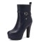 Round Toe Platforms Cuban Block Heels Side Zipper Decorated Straps Ankle Highs Boots - Blue Faux Leather