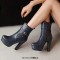 Round Toe Platforms Cuban Block Heels Side Zipper Decorated Straps Ankle Highs Boots - Blue Faux Leather