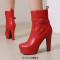 Round Toe Platforms Cuban Block Heels Side Zipper Decorated Straps Ankle Highs Boots - Red Faux Leather