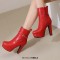 Round Toe Platforms Cuban Block Heels Side Zipper Decorated Straps Ankle Highs Boots - Red Faux Leather