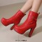 Round Toe Platforms Cuban Block Heels Side Zipper Decorated Straps Ankle Highs Boots - Red Faux Leather