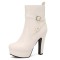 Round Toe Platforms Cuban Block Heels Side Zipper Decorated Straps Ankle Highs Boots - White Faux Leather