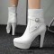 Round Toe Platforms Cuban Block Heels Side Zipper Decorated Straps Ankle Highs Boots - White Faux Leather