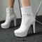 Round Toe Platforms Cuban Block Heels Side Zipper Decorated Straps Ankle Highs Boots - White Faux Leather