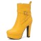 Round Toe Platforms Cuban Block Heels Side Zipper Decorated Straps Ankle Highs Boots - Yellow Faux Leather