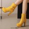 Round Toe Platforms Cuban Block Heels Side Zipper Decorated Straps Ankle Highs Boots - Yellow Faux Leather