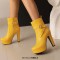 Round Toe Platforms Cuban Block Heels Side Zipper Decorated Straps Ankle Highs Boots - Yellow Faux Leather