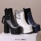 Square Toe Double Platform Chunky Heels Cute Socks Decarated Lace Up Boots - White Faux Leather
