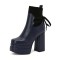 Square Toe Double Platform Chunky Heels Cute Socks Decarated Lace Up Boots - Blue Faux Leather
