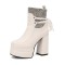 Square Toe Double Platform Chunky Heels Cute Socks Decarated Lace Up Boots - White Faux Leather