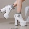 Square Toe Double Platform Chunky Heels Cute Socks Decarated Lace Up Boots - White Faux Leather