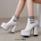 Square Toe Double Platform Chunky Heels Cute Socks Decarated Lace Up Boots - White Faux Leather