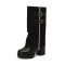 Round Toe Double Row Belt Buckle Zipper Denim Patchwork Platforms Chunky Heels Boots - Black Faux Leather