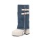 Round Toe Double Row Belt Buckle Zipper Denim Patchwork Platforms Chunky Heels Boots - SkyBlue Faux Leather
