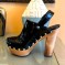 Round Toe Chunky Wooden Heels Rivet Decorated Platforms Slingback Pumps - Black Patent