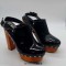 Round Toe Chunky Wooden Heels Rivet Decorated Platforms Slingback Pumps - Black Patent